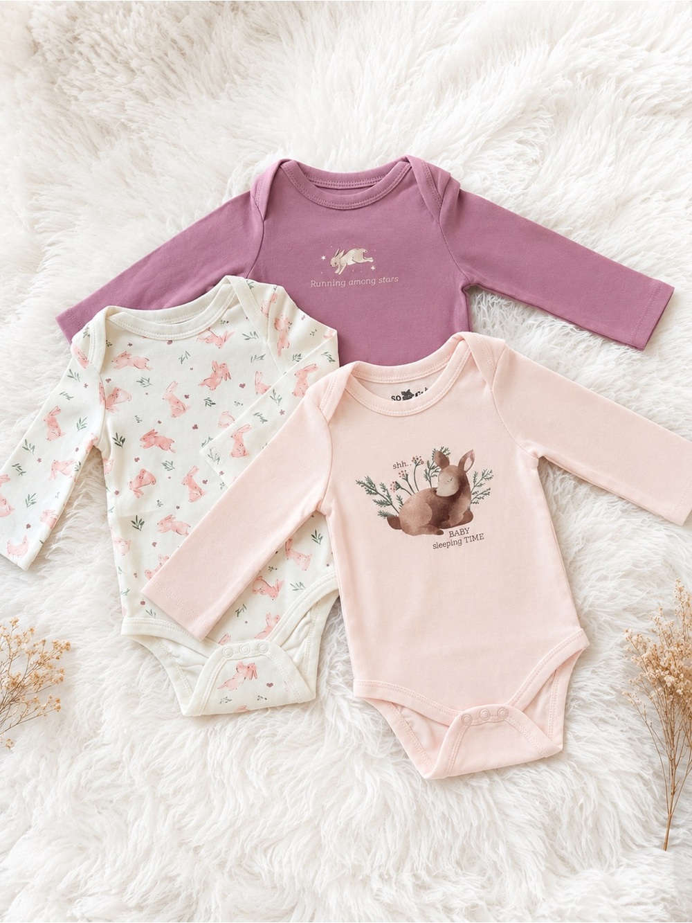 3-Pack Long-Sleeve Baby One-Piece Bodysuits in Mauve, Blush, and Cream